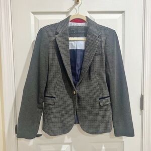 Zara Basic Women’s L Plaid Blazer with Navy Suede Elbow Patches – Elegant & Chic